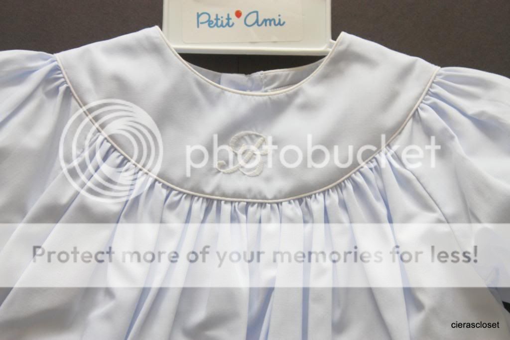 New Petit Ami blue dress with a white B monogrammed on the front 